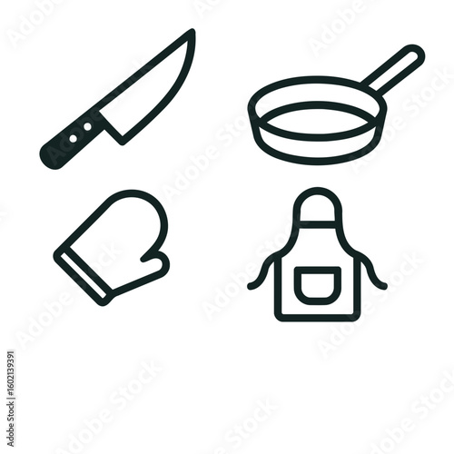 Kitchen Essentials Knife, Pan, Oven Mitt, and Apron Icons