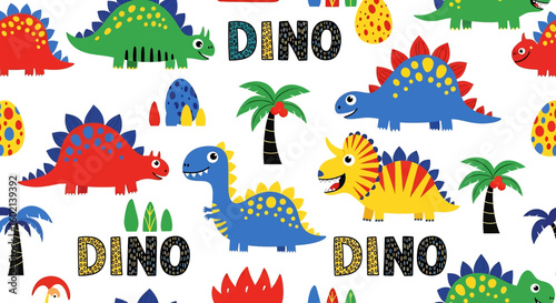 Adobe Illustrator artwork seamless pattern of cute cartoon dinosaurs like Stegosaurus and Brachiosaurus, with "DINO" text, hearts, and arrows. Ideal for children's textiles and decor