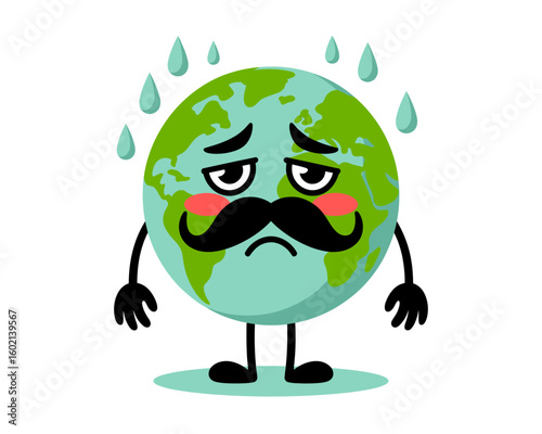 Climate Distress: A personified Earth, with a worried expression and droplets of water, representing the emotional weight of environmental issues.