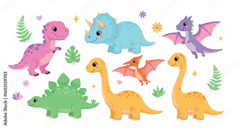 Naklejka premium Adobe Illustrator artwork of a set of cute cartoon dinosaurs including a Pterodactyl, Triceratops, Brachiosaurus, and others, with eggs and bones. Perfect for children's designs