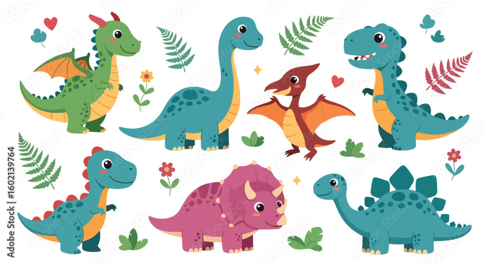 Adobe Illustrator artwork of a set of cute cartoon dinosaurs including a Pterodactyl, Triceratops, Brachiosaurus, and others, with eggs and bones. Perfect for children's designs Adobe Illustrator artwork of a set of cute cartoon dinosaurs including a Pterodactyl, Triceratops, Brachiosaurus, and others, with eggs and bones. Perfect for children's designs