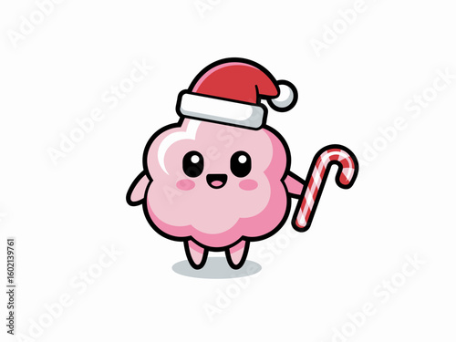 Festive Candy Cloud: A cute, pink candy cloud dons a Santa hat, merrily holding a candy cane, embodying the cheerful spirit of Christmas in a delightful illustration.