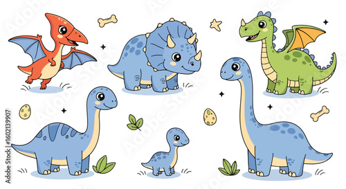 Adobe Illustrator artwork of a set of cute cartoon dinosaurs including a Pterodactyl, Triceratops, Brachiosaurus, and others, with eggs and bones. Perfect for children's designs