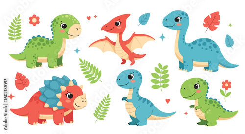 Adobe Illustrator artwork of a set of cute cartoon dinosaurs including a Pterodactyl, Triceratops, Brachiosaurus, and others, with eggs and bones. Perfect for children's designs