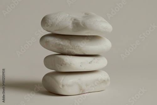 Stacked smooth white stones on light background representing tranquility and zen philosophy