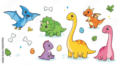 Adobe Illustrator artwork of a set of cute cartoon dinosaurs including a Pterodactyl, Triceratops, Brachiosaurus, and others, with eggs and bones. Perfect for children's designs