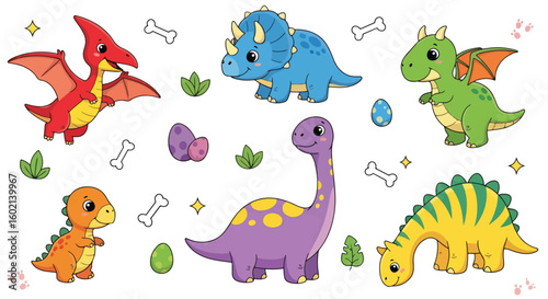 Adobe Illustrator artwork of a set of cute cartoon dinosaurs including a Pterodactyl, Triceratops, Brachiosaurus, and others, with eggs and bones. Perfect for children's designs