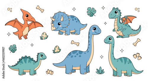 Adobe Illustrator artwork of a set of cute cartoon dinosaurs including a Pterodactyl, Triceratops, Brachiosaurus, and others, with eggs and bones. Perfect for children's designs