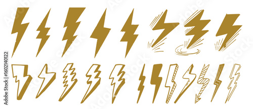 Set of hand drawn vector doodle electric lightning bolt symbol sketch illustrations. thunder symbol doodle icon