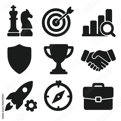 Board collection rocket bar pie briefcase target icons competitive icon gears vector