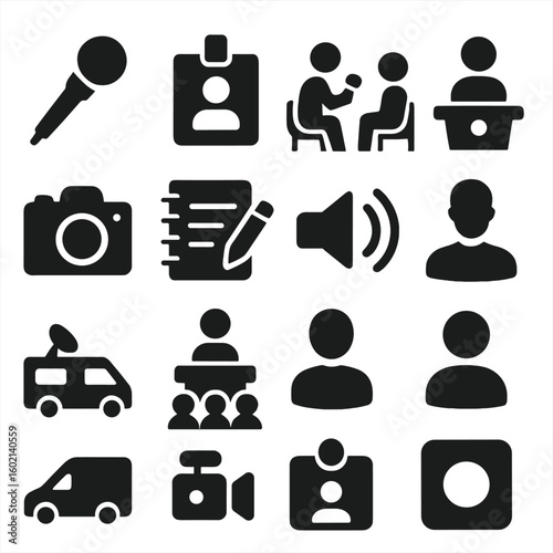 Camera question list recording notepad journalist collection van icon vector media microphone