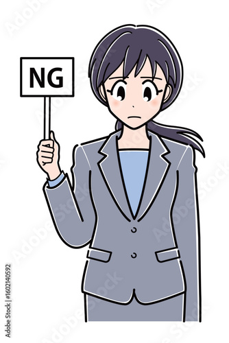 NGの札を持つスーツのOLさん（上半身）