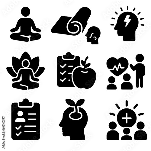 Vector icons community set support relief mindfulness group badge checklist yoga icon