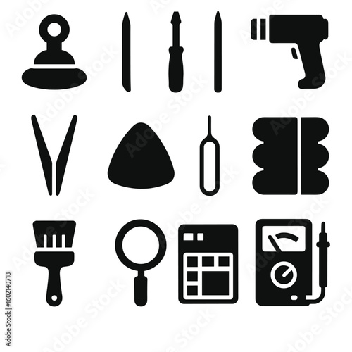 Icon mat smartphone repair adhesive pry suction brush ejector spudger vector tools