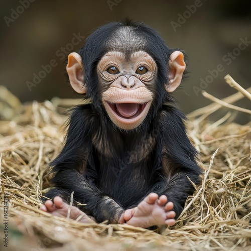 Adorable Baby Chimpanzee Smiling in a Nest
