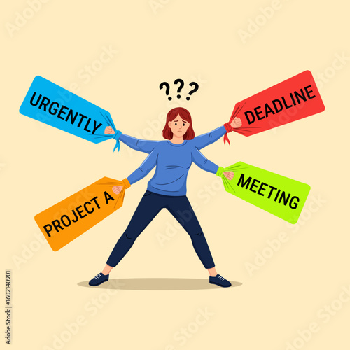 A metaphor for work overload and multitasking. The figure of a man whose limbs are pulled in different directions by signs with inscriptions, symbolizing stress and exhaustion from numerous demands.