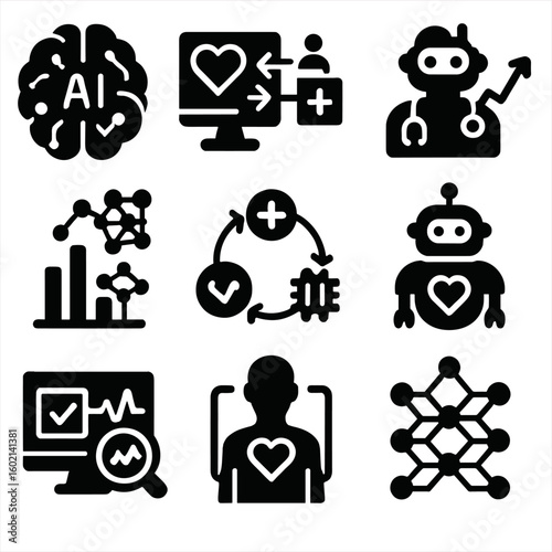 Healthcare robot uniform predictive health icons data marks net ai chip vector
