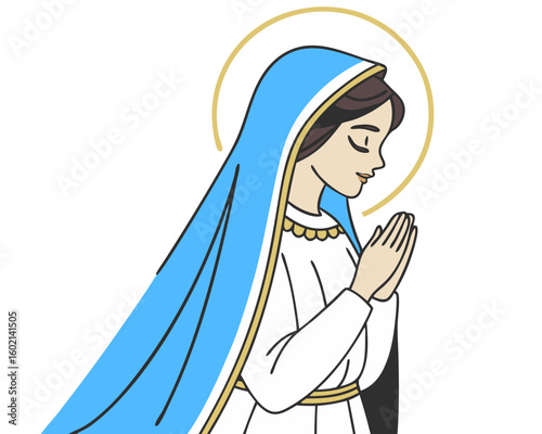 Illustration of the virgin mary praying with her hands together and a golden halo isolated on transparent background