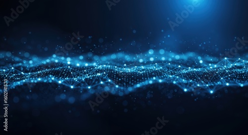 Abstract digital network of glowing blue particles and lines creating a futuristic waveform against a dark cosmic background
