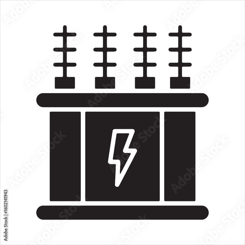 Black silhouette of an electrical transformer with a lightning bolt symbol