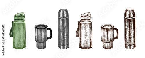 Hand drawn vintage sketch of sports and outdoor bottles, thermos and travel mug in brown and color version