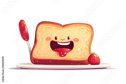 Joyful slice of bread with playful expression, enjoying strawber