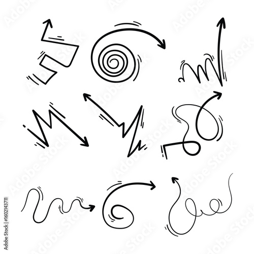 Decorative curved arrows in hand drawn black ink line art
