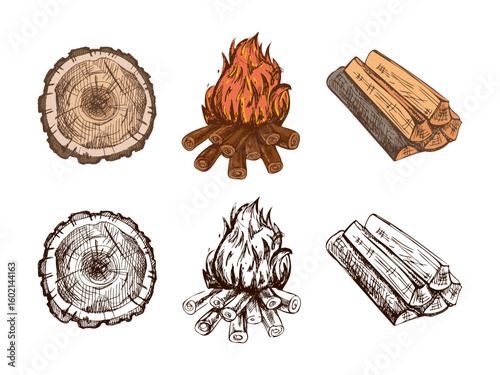 Hand drawn vintage sketch of bonfire, chopped firewood and tree stump in color and monochrome rustic style