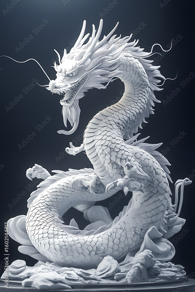 Obraz premium Intricate white dragon sculpture coiling elegantly against a dark background, showcasing artistry