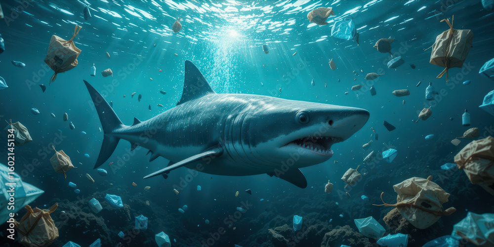 Fototapeta premium Shark encounter underwater ocean depths wildlife photography marine environment dramatic viewpoint conservation message