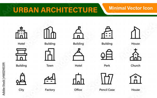 Urban Architecture Icons – Solid building set featuring house, office, bank, school, hotel, shop, university & hospital. Clean, scalable vector designs.
