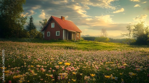 Red Cottage in a Wildflower Meadow at Sunset