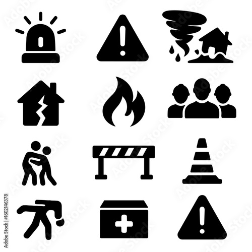 Cone storm breaking sign icons reporting aid crisis icon humanitarian rescue earthquake