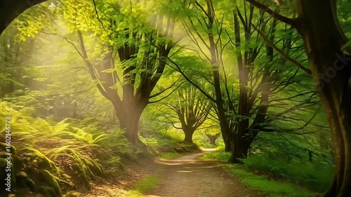 Walking Forest Path under Arched Trees in Spring Sunshine