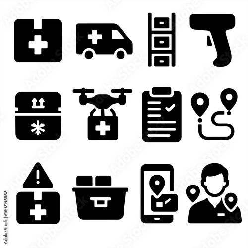 Item scanner icons healthcare vector box medical order icon logistics supply drone