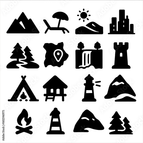 Collection campsite mountain waterfall hill vector icon castle city desert travel icons