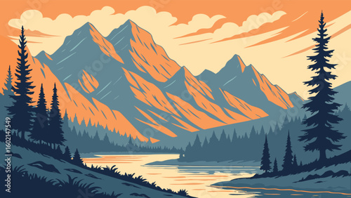 Scenic mountain landscape illustration with trees and river for nature lovers and outdoor adventure seekers