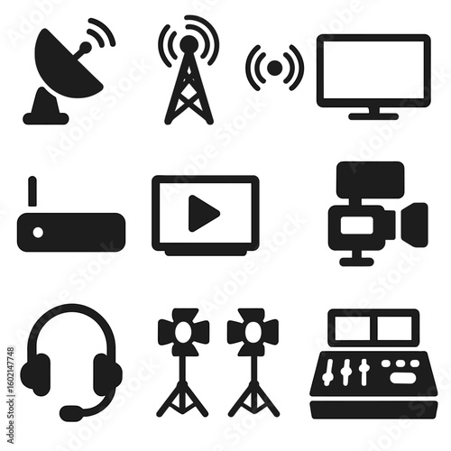 Media dish streaming mic icon control vector icons broadcast news radio lights