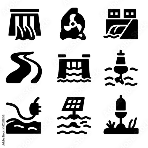 Energy prompt solid silhouette icon black symbol pictogram hydro vector glyph set