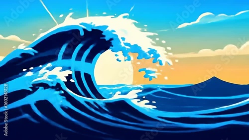 Stylized ocean wave against sun, mountain, and clouds