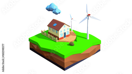 Low poly isometric house with wind turbines for renewable energy concept and sustainable living illustration