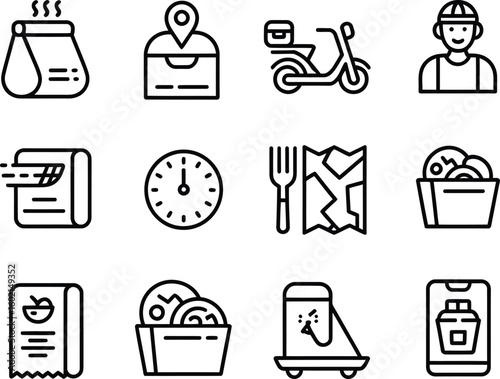 Food delivery service icons representing various aspects of the process