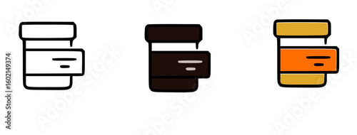 Three stylized icons representing medication bottles with labels, different colors.