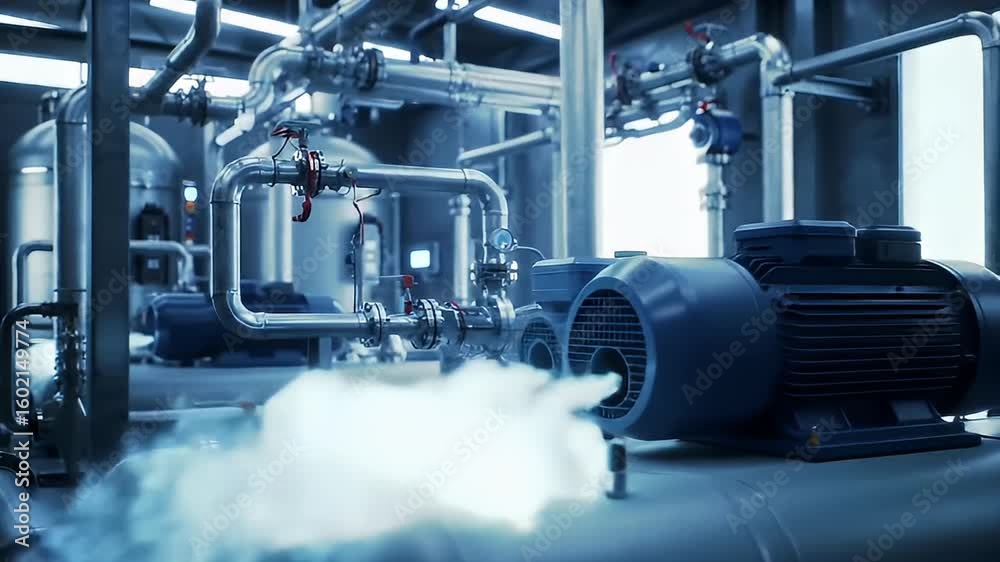 A factory interior with complex piping, large industrial tanks, and venting steam A factory interior with complex piping, large industrial tanks, and venting steam
