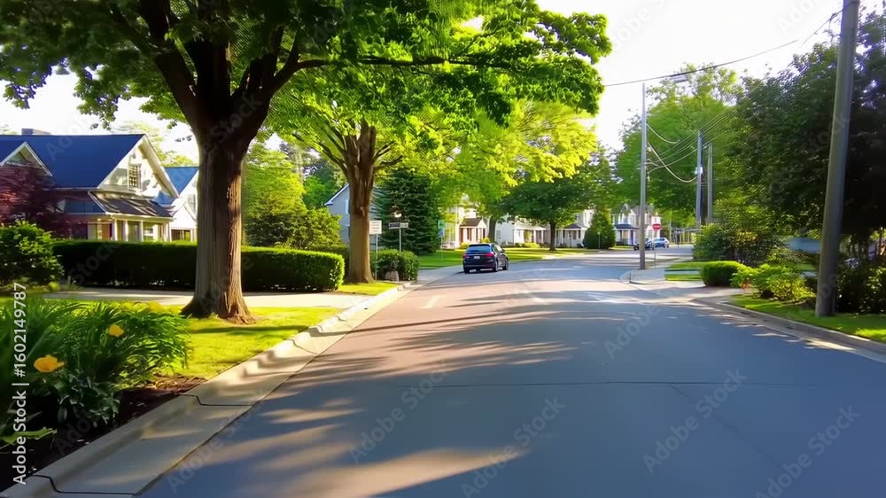 Serene Suburban Street: Sunlit Houses, Lush Greenery, Peaceful Drive Serene Suburban Street: Sunlit Houses, Lush Greenery, Peaceful Drive