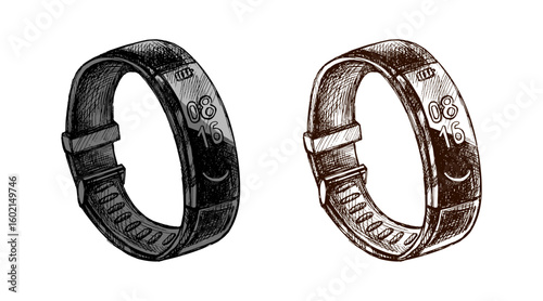 Hand drawn vintage sketch of smart fitness tracker wristband with digital display in black and gray color set