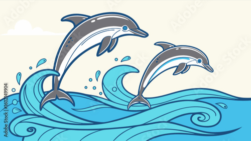 Dolphin ocean sea life illustration graphic design marine animals jumping waves aquatic mammal vector drawing art