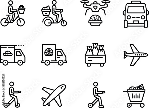Set of delivery service icons showing various transportation methods