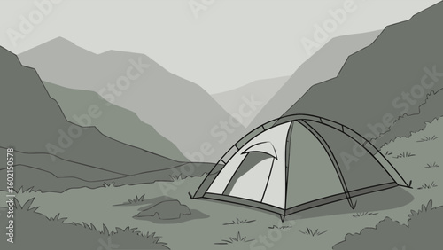 Camping tent in the mountains illustration for outdoor adventure and nature travel and hiking trip design