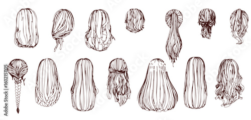 Hand drawn haircut. Female wig sketch. Womans long and short hairstyles. Girls beauty salon models. Coiffure with braid, ponytail and bun. Vector hairdo pencil drawing isolated set